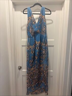 Myne Blue Printed V-Neck Sleeveless Maxi Dress